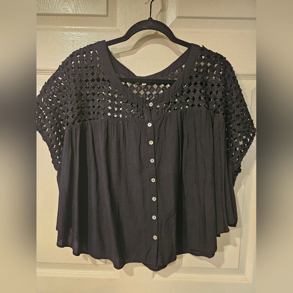 Chic Black Crochet Button-Up Blouse